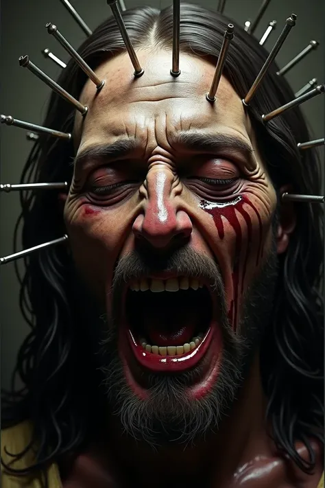 Face of Christ with nails stuck in his head like Hellraiser.