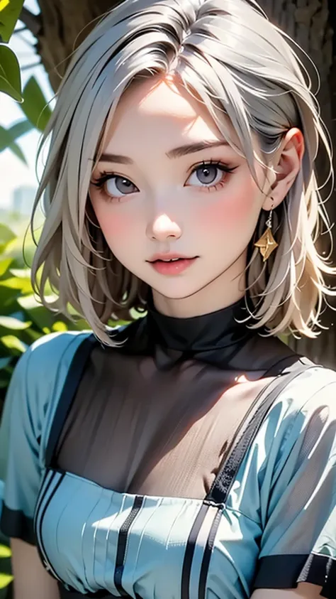 (highest quality, masterpiece), One girl, beautiful girl, Brown_eye, ((hair color [Silver hair], [Pixie cut with front hair] hair)), Earrings, lips, Short sleeve,Realistic, Tight waist, Charm, Colorful Makeup, Long eyelashes, Fair skin, (cute), (Detailed f...