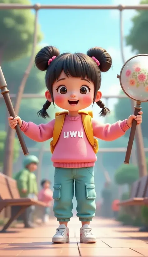 
A vibrant and cheerful scene at a bustling train station, styled in 3D Pixar animation with a soft pastel color palette. Uwu, a cute and adorable  girl with her hair styled in two buns and bangs, is holding a long selfie stick with both hands, actively vl...