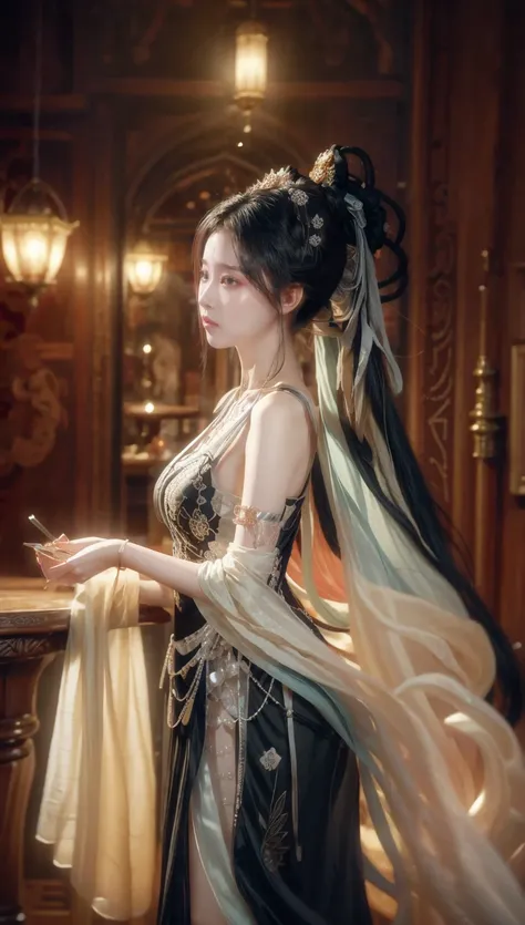 Masterpiece, rich in details, wearing a sexy black Dunhuang dress, clearly showing the face, precious details, perfect face, standing in a luxurious pub at night, long hair, silver hair,