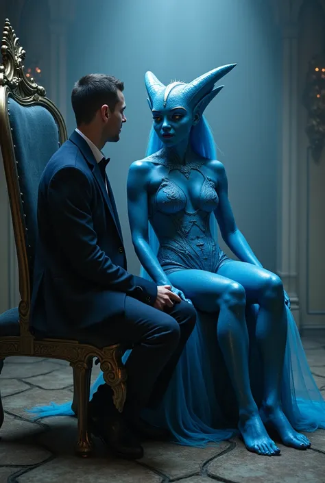 "Meeting Zynara alien princess, A beautiful alien princess is sitting in the chair sci-fi, Blue skin, body skin shines in the light, (sexy full legs), (pale, 24 years old, (large perky retroussé covered breasts under clothes, young)", "sits on his knees, E...