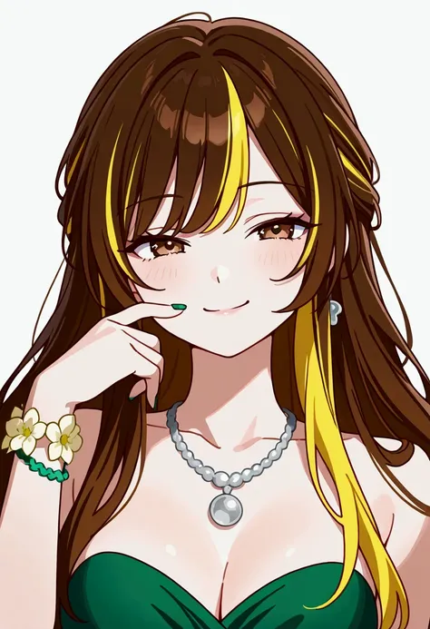 1 girl, dark brown hair with some blonde streaks adorning the side of her head, hair neither too long nor too short, brown eyes, flower bracelet on her left wrist, silver necklace with a star, nails painted with green polish, smug smile on her face