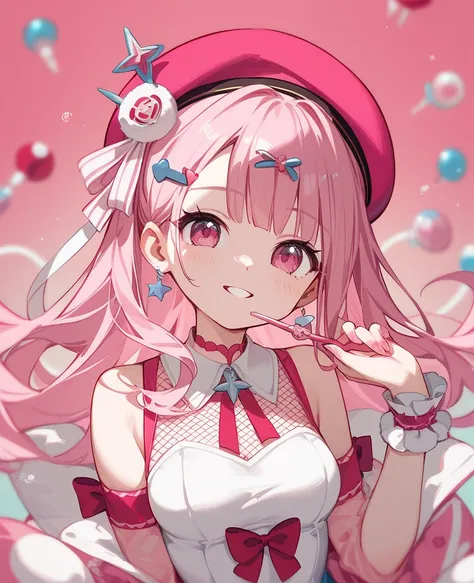 Beret、 girl、 pink hair、 pink mesh 、Marine-look suit、 pink eye、Ribbon hairpin、cute、 high image quality