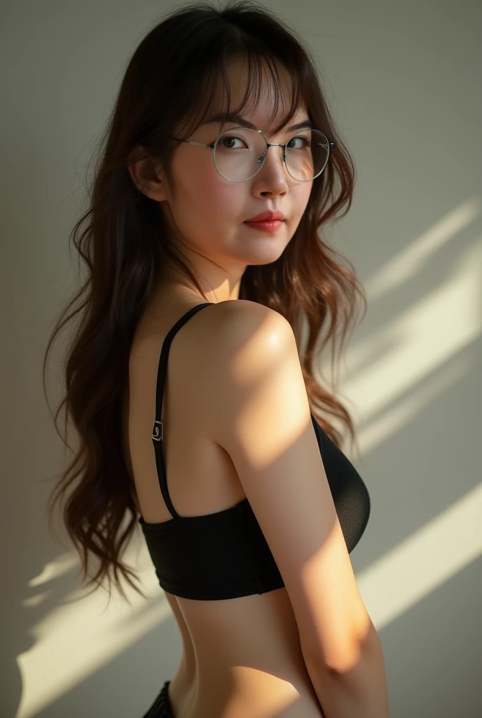 Prompt : photograph of a young Thai woman with long, wavy brown hair and soft bangs, wearing rimless glasses. side pose, look at viewer, She has fair skin and is dressed in a stylish black push up bra that subtly accentuates her figure. The image is realis...