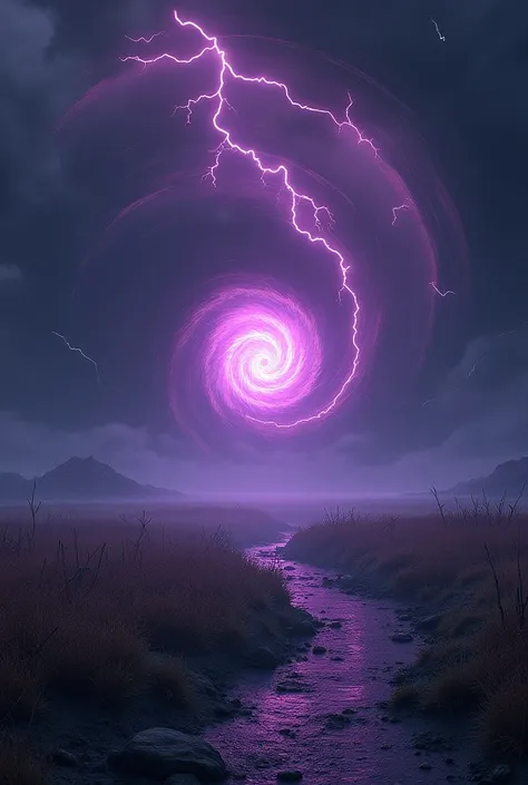 Realistic illustration of a field looks like a swirling, dark void in the air, filled with glowing cracks of violet and black lightning. It distorts everything around it, making the space look like it’s bending and breaking apart, as if reality itself is c...