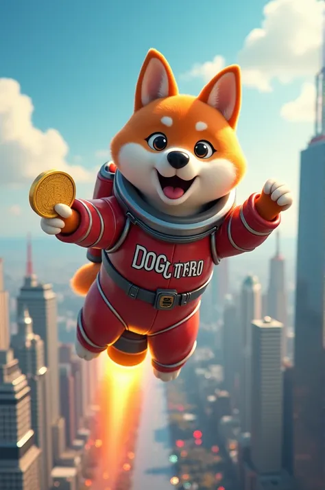 DogTurbo Shiba ,  in his little turbo rocket flying over a big city ,  he is wearing his space suit and it is written DOGTURBO on his suit . The day is beautiful and he is having fun ,  on one of his paws he holds a large gold coin as if showing it to the ...