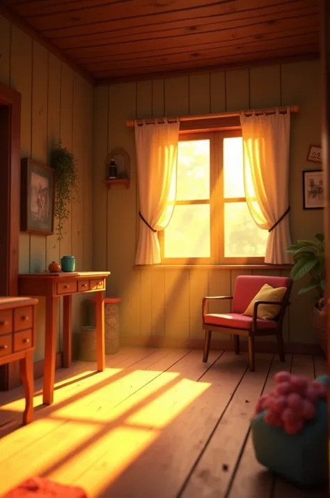 A poor looking cottage room getting filled with golden light 3d pixar style pic 