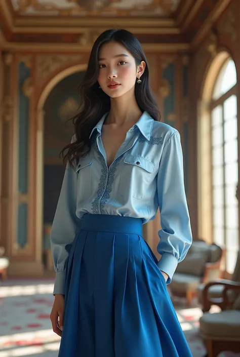 Korean girl in a big breasted room wearing a realistic blue skirt and shirt