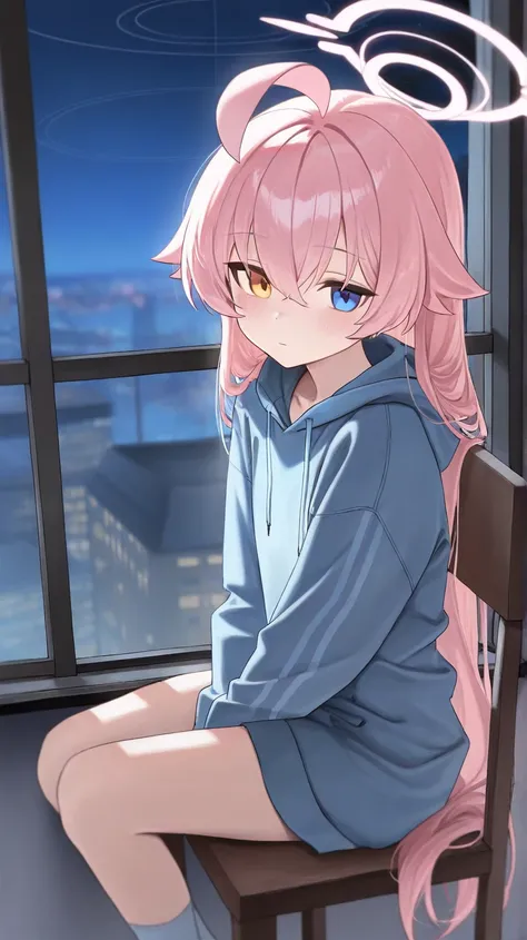 (masterpiece, best quality, high quality, highres, ultra-detailed), Hoshino Takanashi, Blue Archive, emotionless, sitting on a chair, near the window, soft, night, blushing, look at viewer