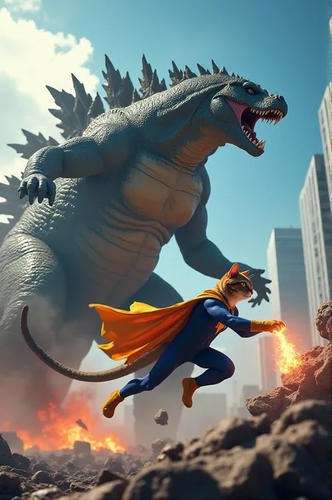 A hyper-realistic digital art of a giant monster resembling Godzilla with sharp scales and an open mouth, clashing with a muscular anthropomorphic cat superhero wearing a blue and yellow costume with a lightning bolt design and a cape. The cat is mid-air, ...