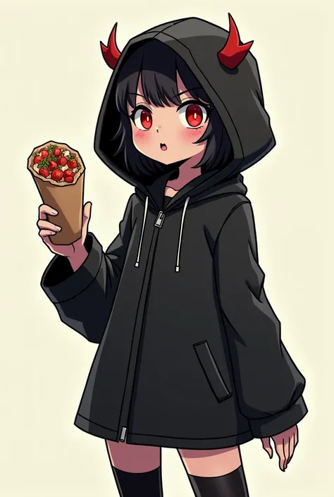 A girl with a comic-style square ,  in a hood with a raincoat in a black short dress and stockings, and she is holding a shawarma and has red eyes and red horns, small straight lines