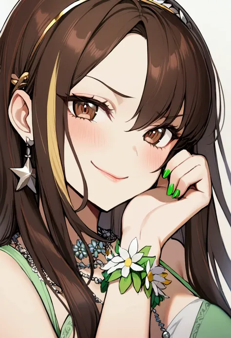 1 girl, dark brown hair with some blonde streaks adorning the side of her head, hair neither too long nor too short, brown eyes, flower bracelet on her left wrist, silver necklace with a star, nails painted with green polish, smug smile on her face