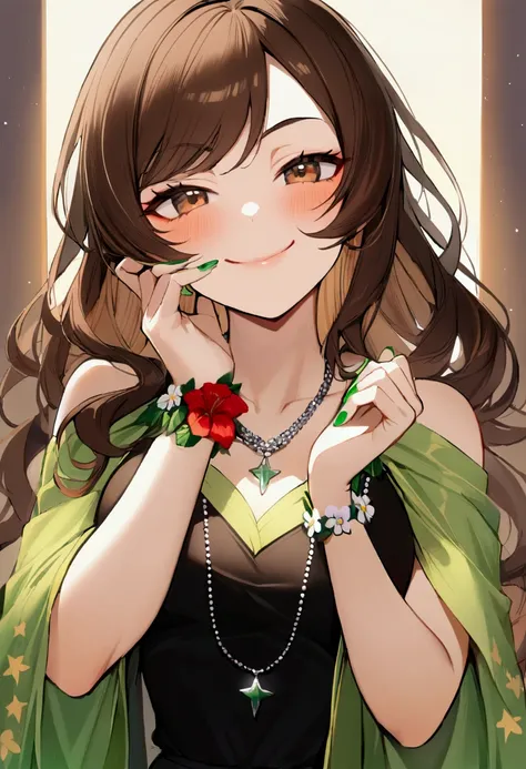 1 girl, dark brown hair with some blonde streaks adorning the side of her head, hair neither too long nor too short, brown eyes, flower bracelet on her left wrist, silver necklace with a star, nails painted with green polish, smug smile on her face