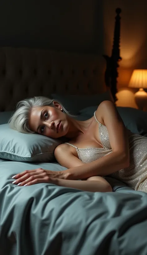 gorgeous elderly woman lying face down on her belly on a bed in her dim lit master bedroom wearing a sexy night gown