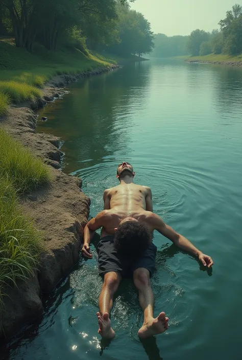  man on his back, walking on the edge of a river 