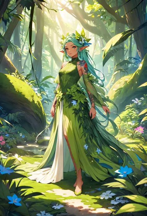 A mythical rainforest guardian elf with tattoos on her body, wearing a flowing dress of green moss and flowers, surrounded by vibrant wildlife in a sun-dappled jungle clearing