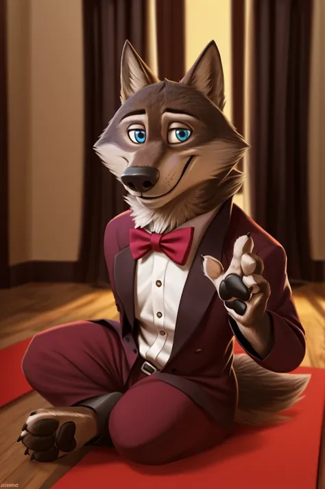 Larry (Zootopia), wolf, Gray Fur, (brown body:1.3), beautiful blue eyes, Zootopia, dressed,burgundy blazer,pink shirt,trousers,white bow tie, canine,wolf, Detailed fur, male, antro, paw pads, finger claws,одевает bow tie, Plays,at viewer, 5 fingers, paws, ...