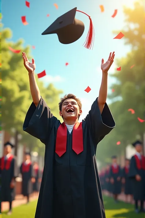 Please create an image of s throwing a graduation hat up high 