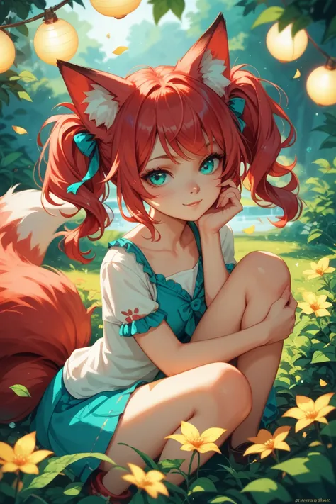 A girl with fair skin. She has cute fox ears. Red hair tied in two ponytails. Turquoise eyes. A lush red fox tail. Cunning. Mischief. Yellow lights fly behind the girl.