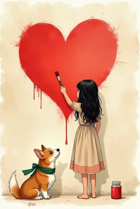 Watercolor illustration style. Depicts a  girl outlining the outline of a large hollow red heart on a textured light beige wall. The heart shape is only partially completed, with part of the outer outline still unfinished, showing the girls tireless effort...