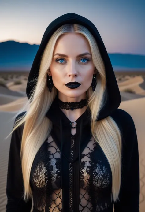 4k image, a beautiful 36-year-old woman, model, bright blue eye, blonde,  fair skin ,  long straight hair , Black Lipstick,  wearing black lace dress ,  has a black hoodie over her head , necklace of black stones , Big earrings. she is serious,  looking at...