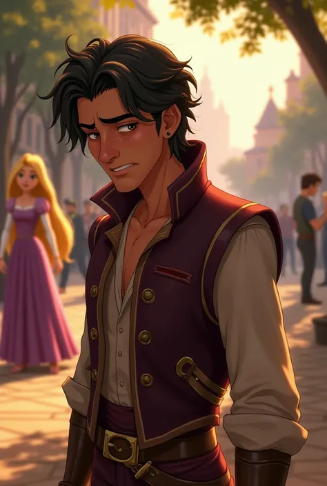 Create image when  flynn rider if his heart broken when he saw his girl with other guy from far 