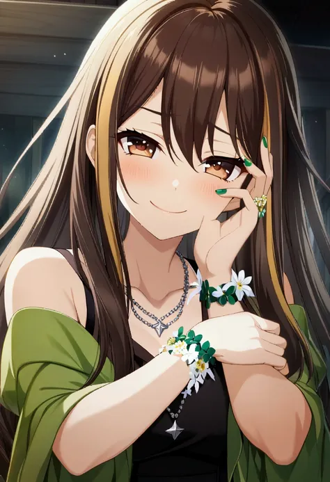 1 girl, dark brown hair with some blonde streaks adorning the side of her head, hair neither too long nor too short, brown eyes, flower bracelet on her left wrist, silver necklace with a star, nails painted with green polish, smug smile on her face, CG