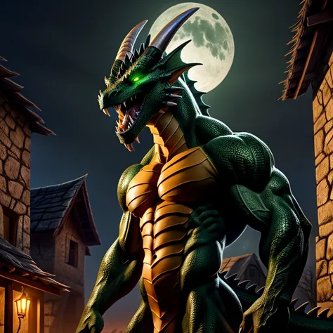 3 meters huge humanoid wingless dragon with two hotns, detailed dark green scales and amber glowing eyes with an opened snarling maw, gaping throat, sharp fangs, dragon tail, slim belly, muscular, toned, towering over the houses of a village, night time, p...