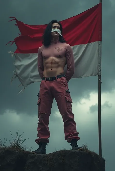 A handsome Korean man with long hair, his right eye covered by a long white gauze that curls towards his head, the effects of wounds on his body, wearing a torn pink turtleneck, torn trousers and shoes, both hands holding a red and white Indonesian flag be...