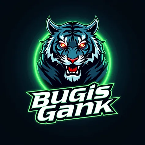 The motorbike racing team logo with icon TIGER  FLASH
 reads BUGIS GANK colour reads glow with a concept image of a glow blue with greenBacklighting, 