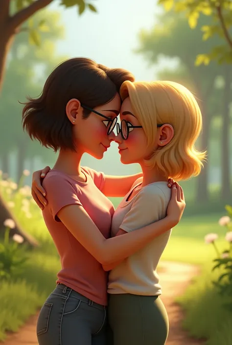 Create a pixar image of two women forgiving each other and hugging each other far away, one with short hair and glasses and the other blond woman with glasses. 