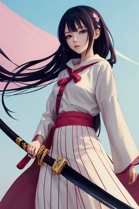 anime, modern girl, Digital art, Delicate and unstable line drawing, wielding an oversized giant katana, Modern clothing, coloful, Spectacular backdrop,