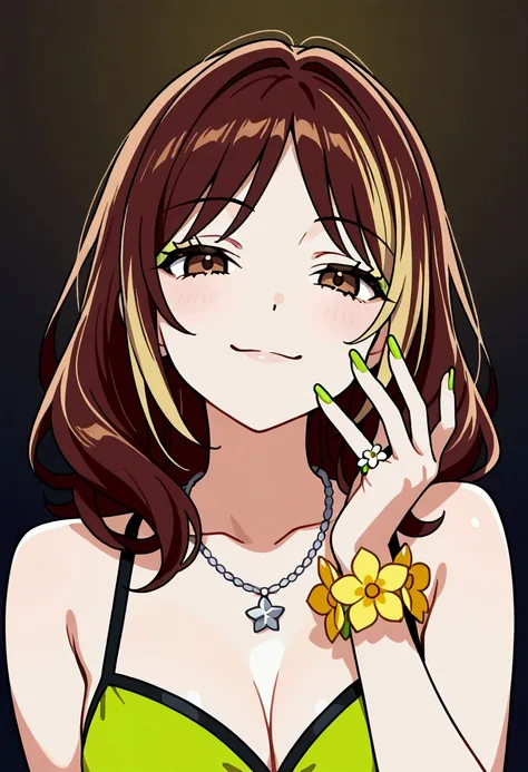 1 girl, dark brown hair with some blonde streaks adorning the side of her head, hair neither too long nor too short, brown eyes, flower bracelet on her left wrist, silver necklace with a star, nails painted with green polish, smug smile on her face, CG