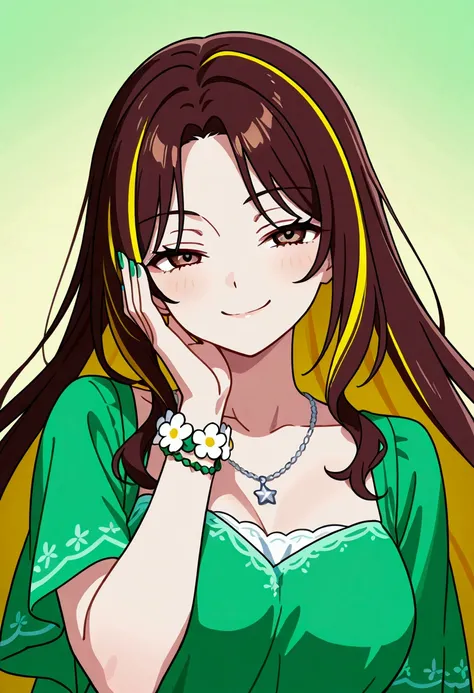 1 girl, dark brown hair with some blonde streaks adorning the side of her head, hair neither too long nor too short, brown eyes, flower bracelet on her left wrist, silver necklace with a star, nails painted with green polish, smug smile on her face, CG