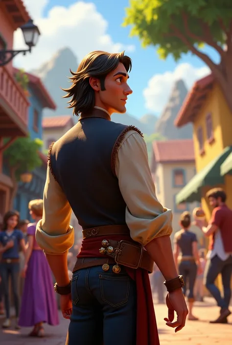 Create image when flynn rider see his girl with other guy from far  and the camera angle starte from his back