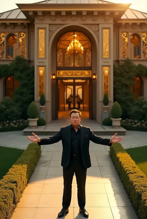 A high-angle drone shot capturing Elon Musk standing confidently outside his luxurious golden mansion, wearing a sleek black suit. He is spreading his arms wide in a welcoming gesture, with the opulent details of the golden house shining brightly under the...