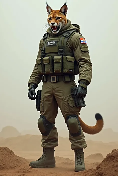  Image of a hybrid soldier with a pumas head and human body, wearing Argentine tactical uniform , on a plain"