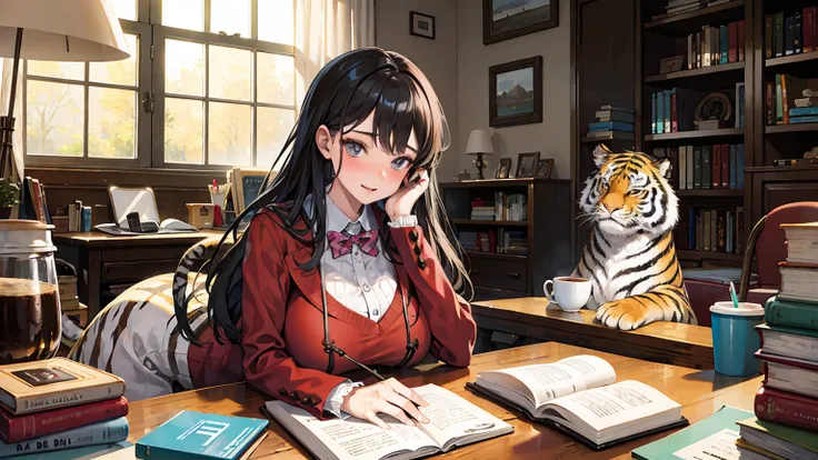 embarrassed woman having big tits, tiger with a clear and detailed face, animal, doll, one room, warm, studying, books, coffee