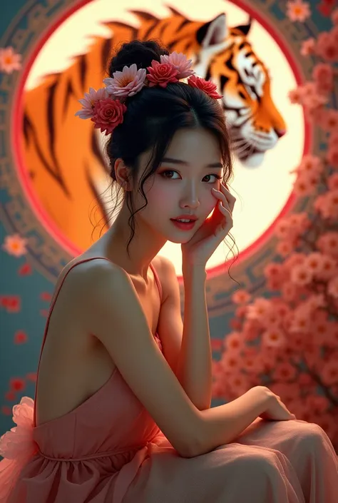  Beautiful asian woman posing gracefully and attractively intimate ,  facing the camera a gentle smile while supporting the chin of hair tied high with decoration 🌺🌻🌹🌷, sitting on top of the box ,  background of colorful circles . In the middle of the circ...