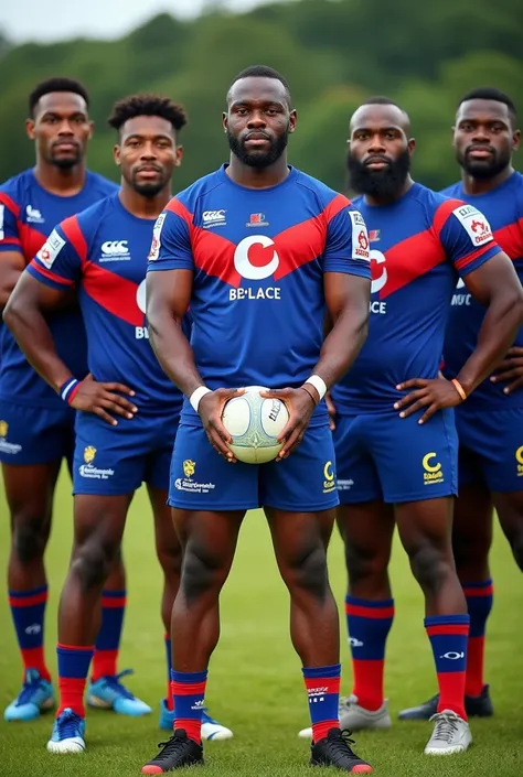 Belize Mens Rugby National Team Athletes, Photoshoot Together at field, Holding a Ball, Ultra HD, Highly Detailed, Detailed Face, Detailed Skin, Detailed Hair, Full Body, Photo Together, Full Body, wear blue red and white jersey


