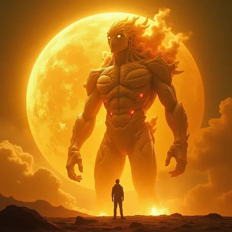 ((high quality)), ((masterpiece)), ((highly detailed)), A man looking at a colossal humanoid creature representing Venus, with a radiant, golden body that shimmers like molten metal, embodying the planet’s scorching heat and dense atmosphere. Its surface i...