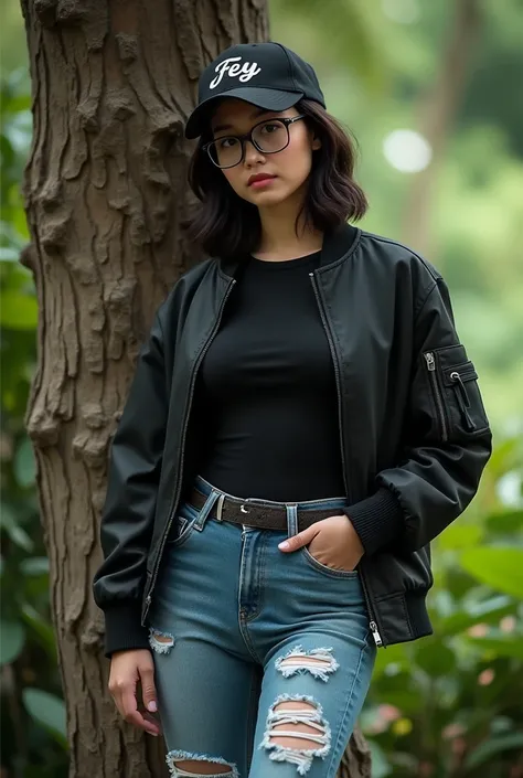 Indonesian woman with shoulder-length hair wearing glasses wearing baseball cap inscribed FEY wearing ripped jeans wearing boots wearing black bomber jacket wearing black shirt standing while leaning on garden tree face appears looking at camera