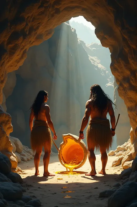 Then, In the cave, A Cro-Magnon man and a Cro-Magnon woman discover mead in a large shell in Morrocoy.