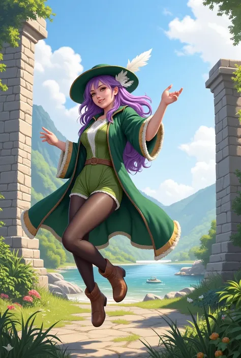  best quality , ( masterpiece,  ( 1 girl, Alone), (Gorgeous detailed girl),, aeolia , purple hair,  long hair, Red Eyes,  medium breasts,,  jumping happy, ,, green hat,  hat with feather ornament , green dress,  green coat , (Fantasies:1.1) ( medieval :1.1...