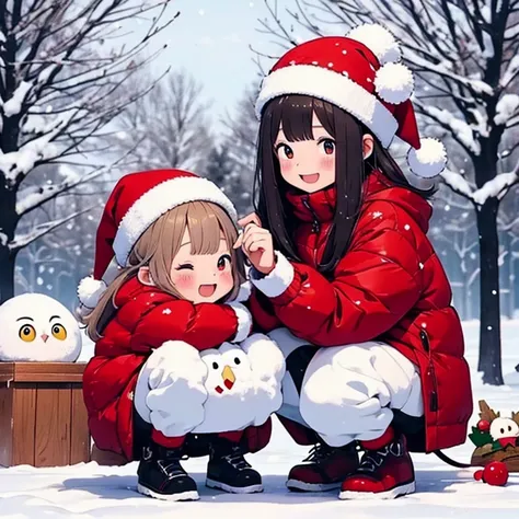   masterpiece  、Christmas winter scenery    、Christmas food   ，Two girls personify baby owls    、  body 、Chibi、          catches an owls ears and tail    、snowball fight  ,     happy expression