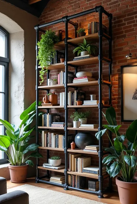 A tall industrial-style bookshelf with black metal pipes and wooden shelves, styled with books, plants, and decorative accents. The backdrop is a rustic living room with brick walls.