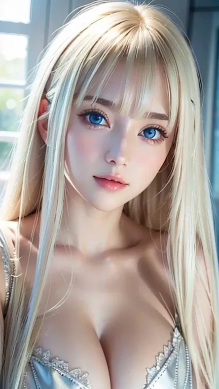  portrait、very white high school girl、Young, white, shiny skin 、Best Looks、Blonde Reflected Light 、 Platinum Blonde Hair with Dazzling Highlights 、 shiny bright hair 、super long silky super long straight hair、Shiny, beautiful bangs、Shining crystal clear an...