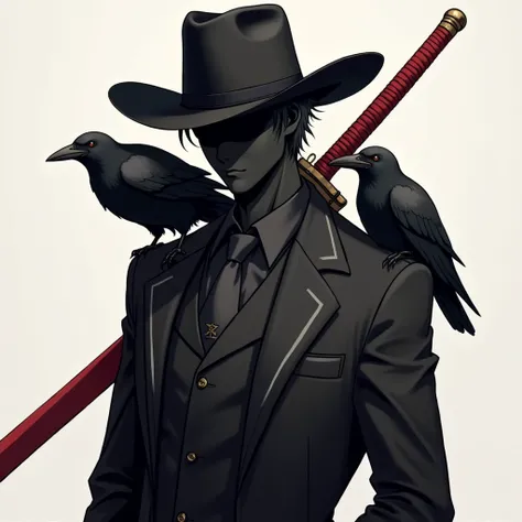 Create an image of a tall male anime character wearing a black cowboy hat, with completely black skin, no face, wearing a suit, and with 2 crows on his shoulders and a large red sword sling behind him.