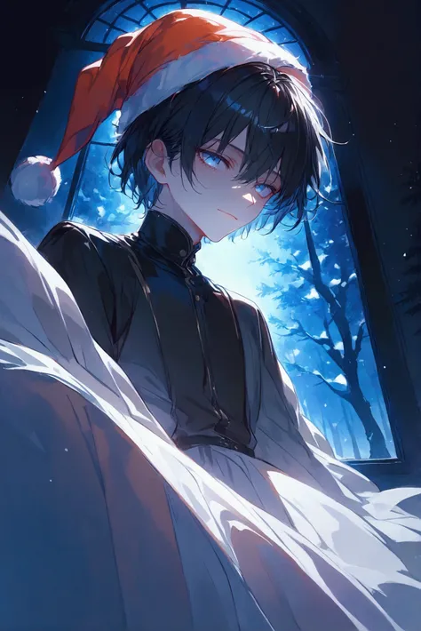 Illustration, highest quality, very detailed, animation, (((alone))), ((male))), black hair, blue eyes, lighted quiet room, soft shadow, dreamy and beautiful, dramatic lighting, mysterious, soft smile, Santa hat, Christmas trees outside the window, jaw-dro...