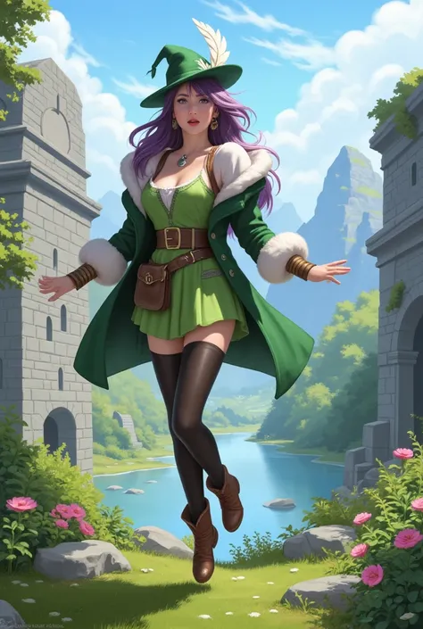  A photo ,erotic( 1 girl, Alone), (Gorgeous detailed girl),, aeolia , purple hair,  long hair, Red Eyes,  medium breasts,,  jumping happy, ,, green hat,  hat with feather ornament , green dress,  green coat , (Fantasies:1.1) ( medieval :1.1) Outfit, ( blac...